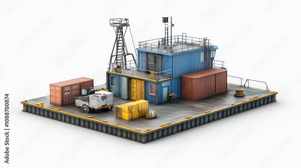 Poster a small industrial loading dock with containers, a building, and equipment for operations.