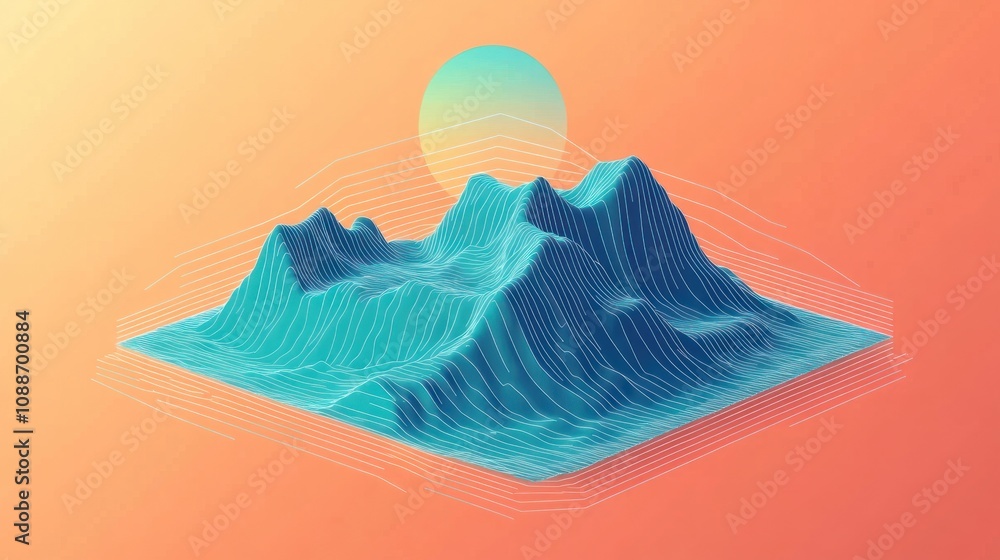 Poster a stylized 3d mountain landscape with wavy lines and a gradient sunset background.