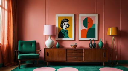 Mid-century modern living room with pink walls, green armchair, and retro artwork.
