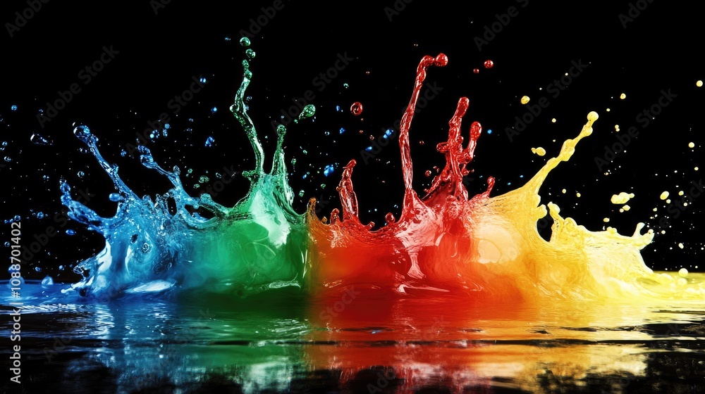 Poster rainbow colored liquid exploding in slow motion