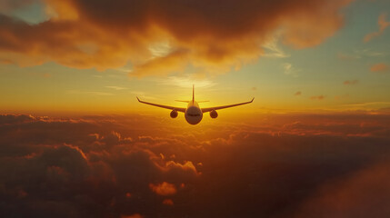 Fototapeta premium Airplane flying over the sky at sunset.
