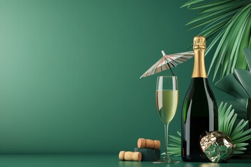 A bottle of champagne and a glass of champagne with a umbrella on top
