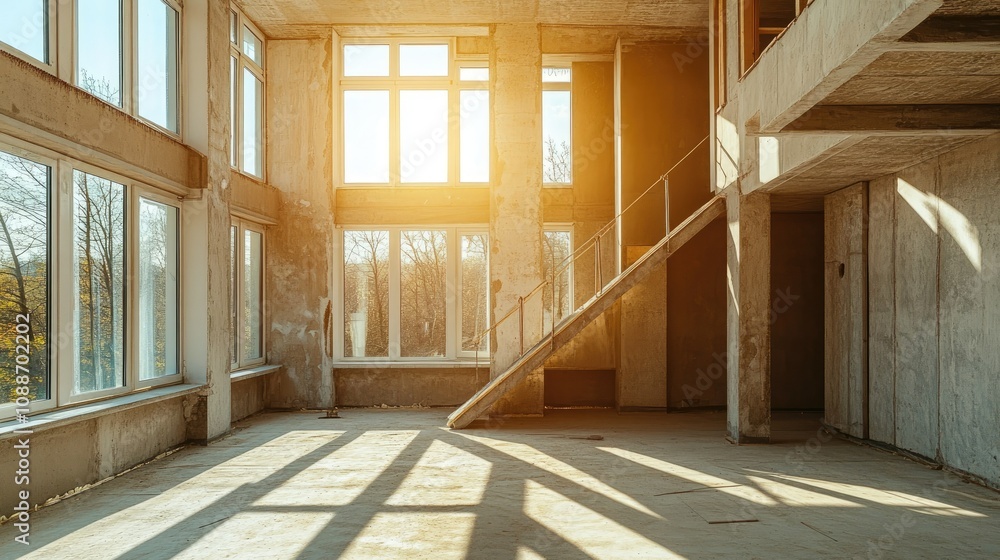 Poster A bare room with open windows and a staircase, illustrating an ongoing building project where windows are being installed on multiple floors.