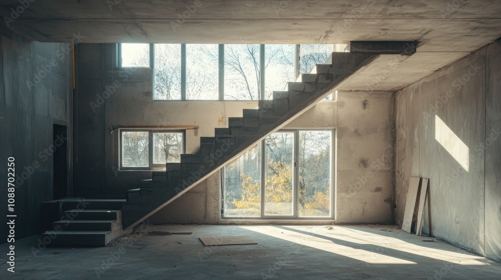Poster A bare room with open windows and a staircase, illustrating an ongoing building project where windows are being installed on multiple floors.