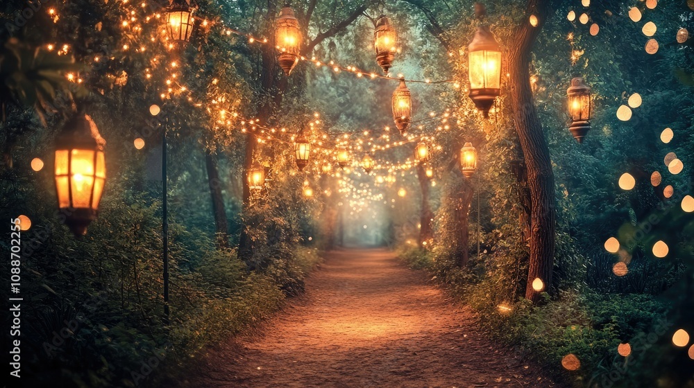 Aufkleber A beautifully illuminated forest path with glowing lanterns and sparkling lights, creating a magical, serene ambiance.