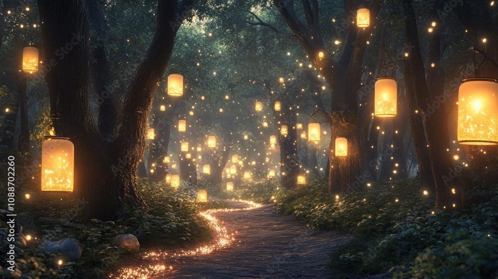 Aufkleber A beautifully illuminated forest path with glowing lanterns and sparkling lights, creating a magical, serene ambiance.