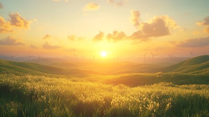 Sunrise over wind turbines nature landscape eco-friendly environment