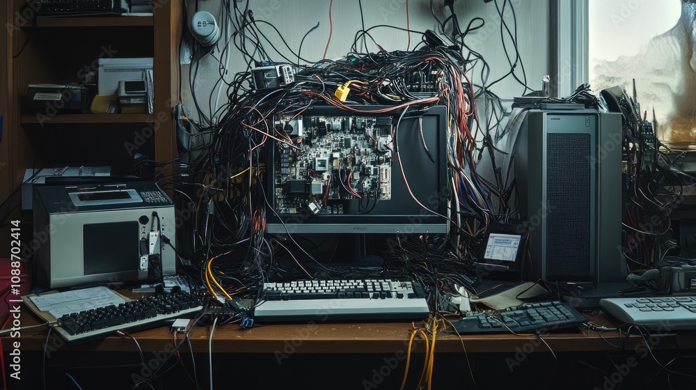 Poster A chaotic scene with tangled wires around a computer, causing a malfunction, highlighting the frustration of dealing with disorganized electronics.