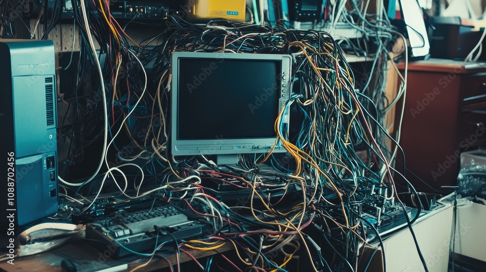 Poster A chaotic scene with tangled wires around a computer, causing a malfunction, highlighting the frustration of dealing with disorganized electronics.