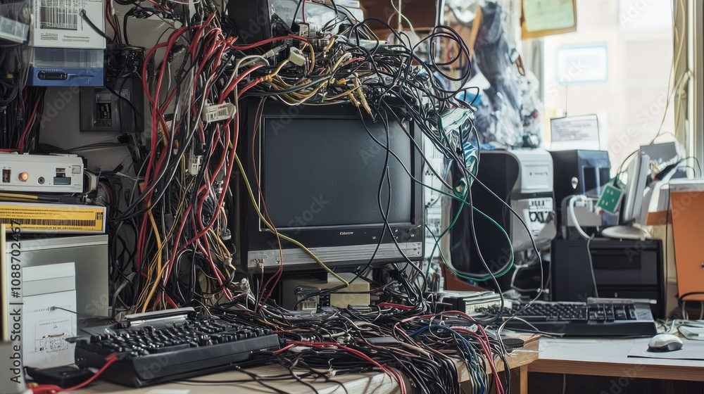 Poster A chaotic scene with tangled wires around a computer, causing a malfunction, highlighting the frustration of dealing with disorganized electronics.