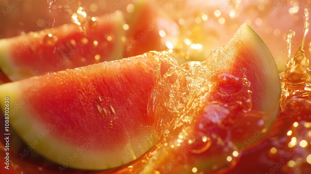 Poster watermelon slices splashing refreshing summer juice