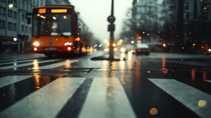 Blurred view of city street with wet crosswalk, an orange bus approaching, and falling snowflakes at dusk