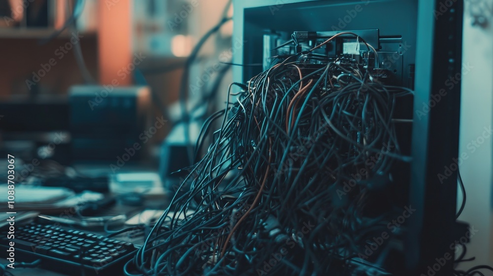Poster A close-up of disordered wires tangled around a computer, with visible damage, representing the common issue of tech malfunctions caused by poor cable management.