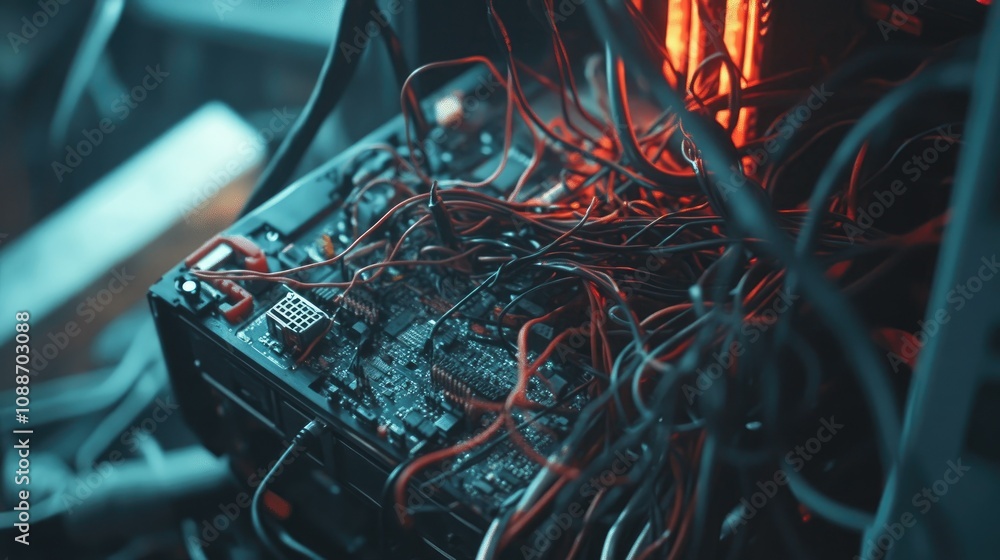 Poster A close-up of disordered wires tangled around a computer, with visible damage, representing the common issue of tech malfunctions caused by poor cable management.