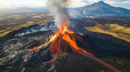 Active volcano spewing lava and ash, threatening nearby settlements with destruction