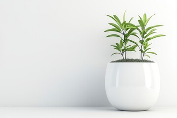 A modern white pot with lush green plants, set against a minimalist background, adds a touch of nature to the space.