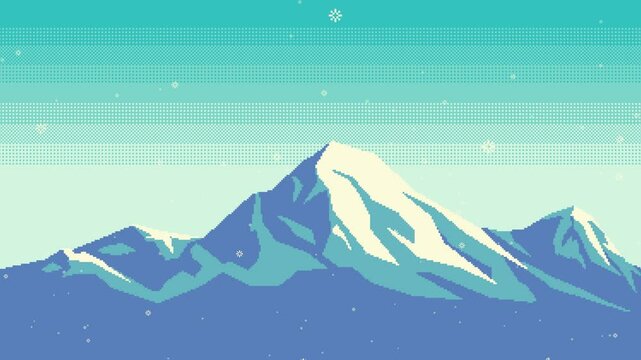 Pixel art animation of Snow falling on mountain background. Retro video game style 8 bit seamless loop video.