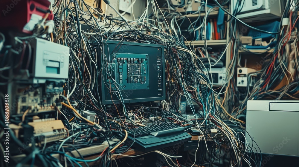 Aufkleber A clutter of tangled wires around a malfunctioning computer, with frayed cables creating disarray and hindering smooth operation.