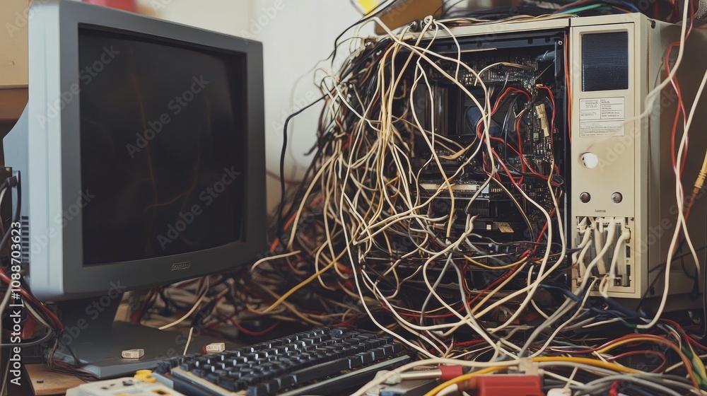 Aufkleber A clutter of tangled wires around a malfunctioning computer, with frayed cables creating disarray and hindering smooth operation.
