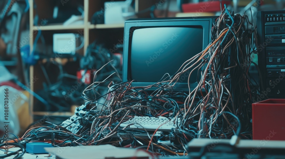Aufkleber A clutter of tangled wires around a malfunctioning computer, with frayed cables creating disarray and hindering smooth operation.