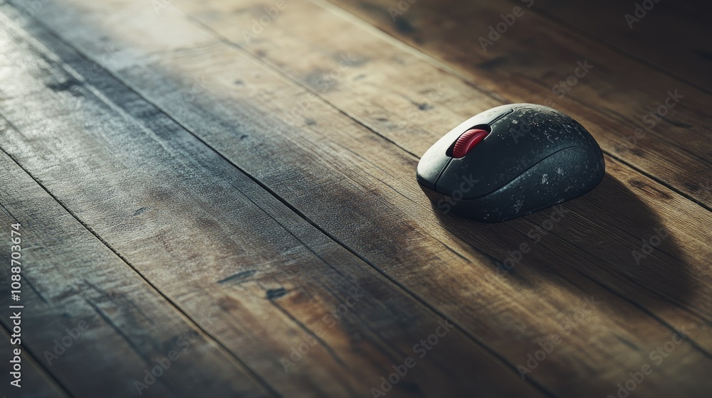Poster a computer mouse with a trackball, showing visible signs of age and wear, resting on a timeworn wood