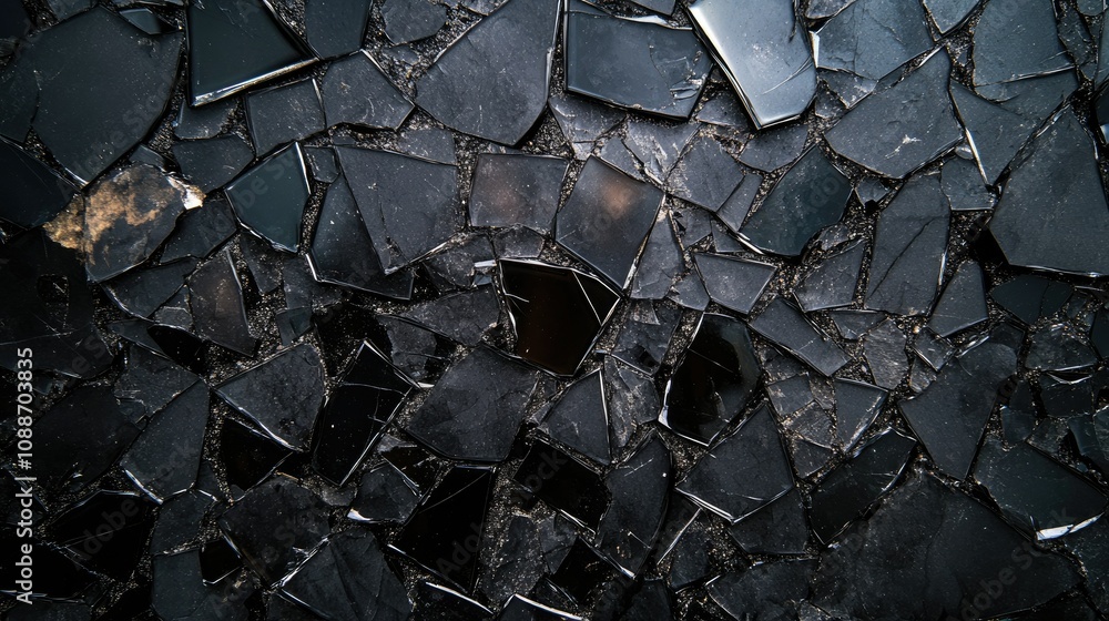 Aufkleber A dark surface scattered with broken black glass shards, reflecting light and creating an abstract, sharp-edged texture full of contrast.
