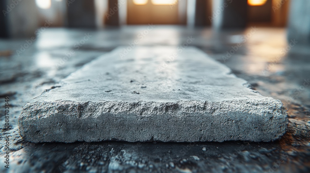 Poster close-up of a concrete slab on a textured floor in a dimly lit space.