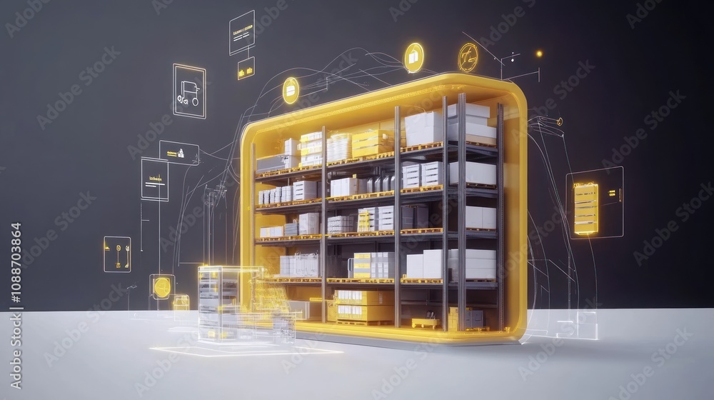 Poster a digital representation of a warehouse with shelves and data icons, illustrating inventory manageme