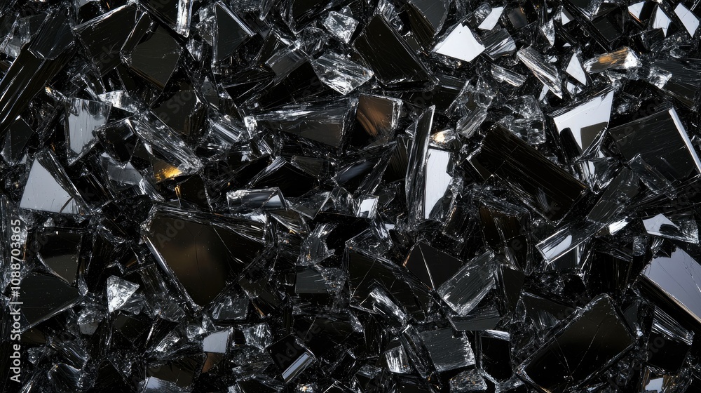 Aufkleber A dark surface scattered with broken black glass shards, reflecting light and creating an abstract, sharp-edged texture full of contrast.