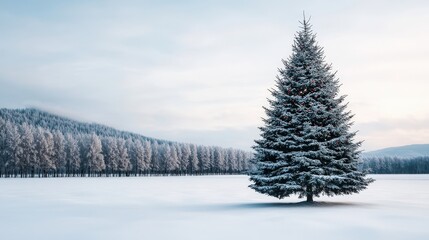 Obraz premium Snowy Christmas Tree in Winter Wonderland Landscape