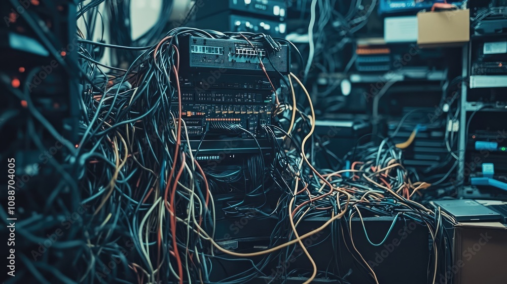 Poster A disorganized pile of tangled wires around a malfunctioning computer tower, showcasing the challenges of managing tech equipment in a busy workspace.
