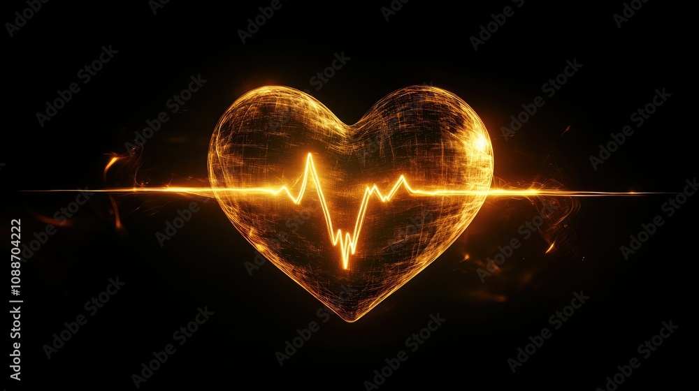 Poster a glowing heart pulsating with an electrocardiogram line in the dark, representing vitality, rhythm,
