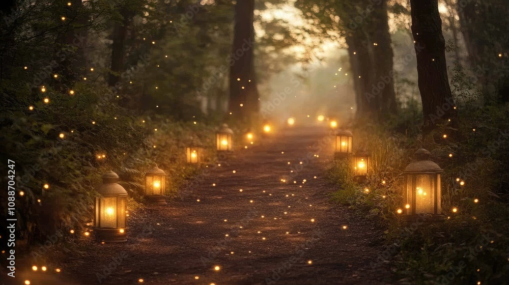 Poster A glowing forest path lined with lanterns, shimmering with tiny lights in the fading twilight, evoking a sense of mystery.