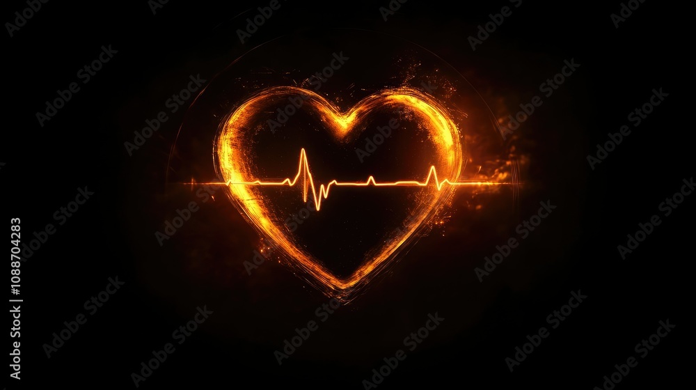Poster a glowing heart pulsating with an electrocardiogram line in the dark, representing vitality, rhythm,