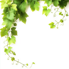 Lush green grapevine leaves and tendrils create natural frame, evoking freshness and vitality. Perfect for nature themed designs