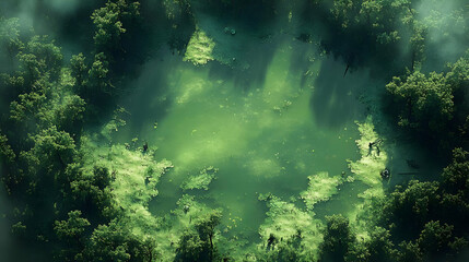 Fototapeta premium Aerial View: Lush Green Pond in Forest, Serene Nature