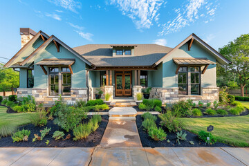 A front view of an elegant azure craftsman cottage style home, with a triple pitched roof, immaculate landscaping, a neat walkway, and superior curb appeal, reflecting a peaceful living space.