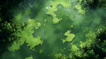 Aerial View: Lush Green Pond Algae Blooms Abundantly