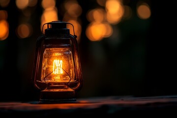 Old lantern illuminates forest at sunset, creating a warm and inviting atmosphere in nature
