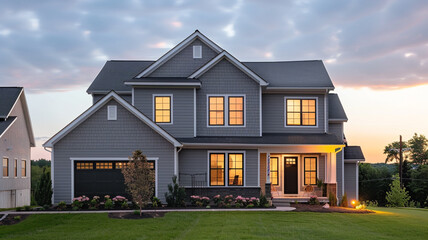 A gentle grey house with siding, mirroring the calm and sophistication of suburban design, illuminated by the day's light.