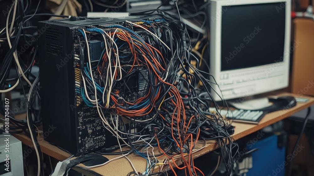 Aufkleber a jumbled cluster of wires wrapped around a malfunctioning computer, showing the frustration of deal