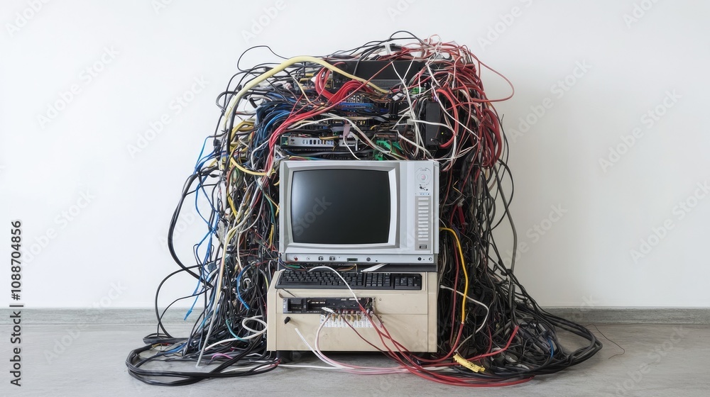 Aufkleber A jumbled cluster of wires wrapped around a malfunctioning computer, showing the frustration of dealing with electrical chaos and disorganization.