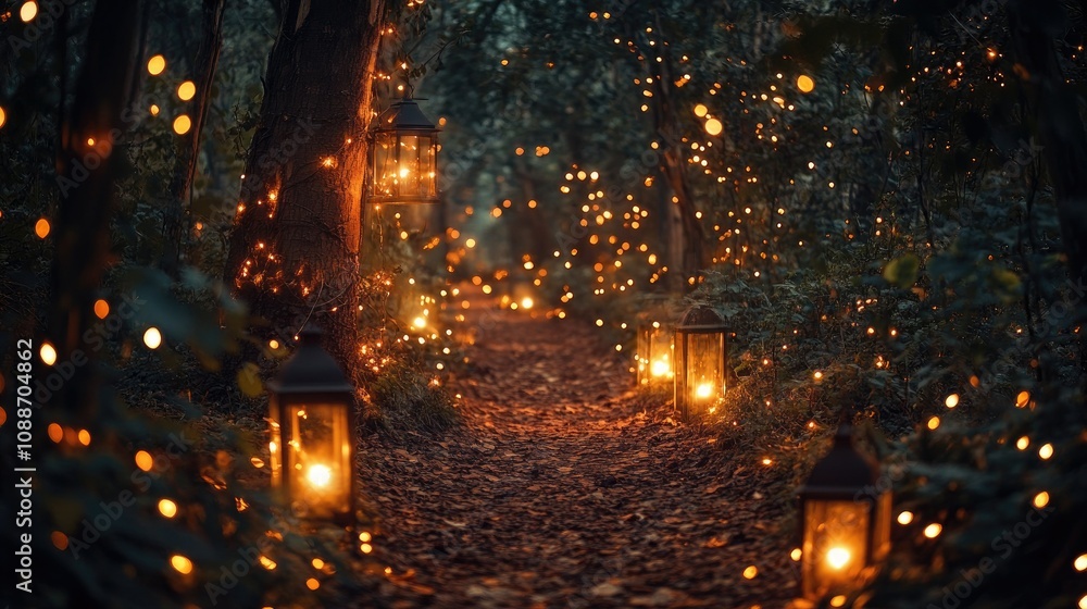 Poster A magical twilight forest pathway illuminated by lanterns, with sparkling lights creating an enchanting atmosphere.