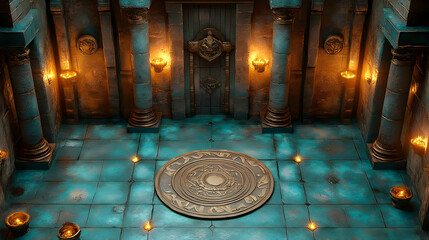 Ancient Temple: Exploring a Mysterious Chamber with Teal Tiles & Golden Door