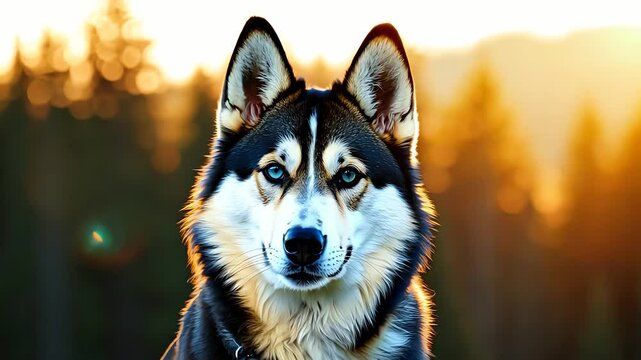 Husky dog standing outdoors with a forest background