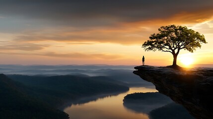 A determined person standing at the edge of a cliff, gazing at the vast horizon with the sun rising behind them, symbolizing seizing opportunities and embracing new challenges. Ultra-Realistic, 
