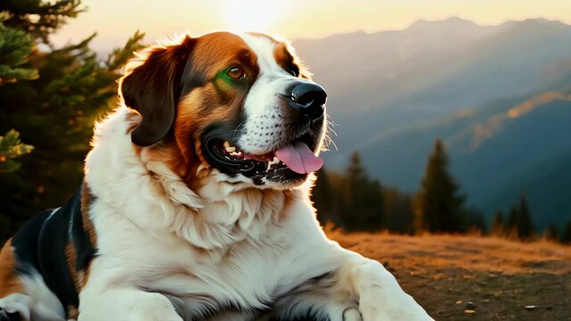 Playful Saint Bernard dog standing in a snowy mountain area