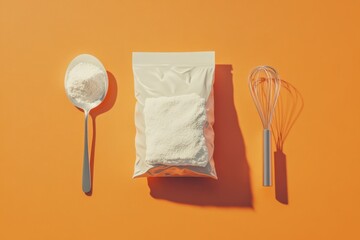 A bag of flour sits on a table next to a box of sugar and a spoon