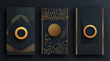 Luxury cover design template can be use for poster, brochure, invitation, banner. Trendy corporate style with gold geometric shape, Memphis texture element. Social Highlight Covers and stories page.