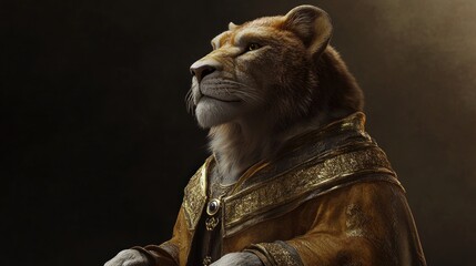 A regal lion adorned in golden robes, exuding majesty and wisdom.